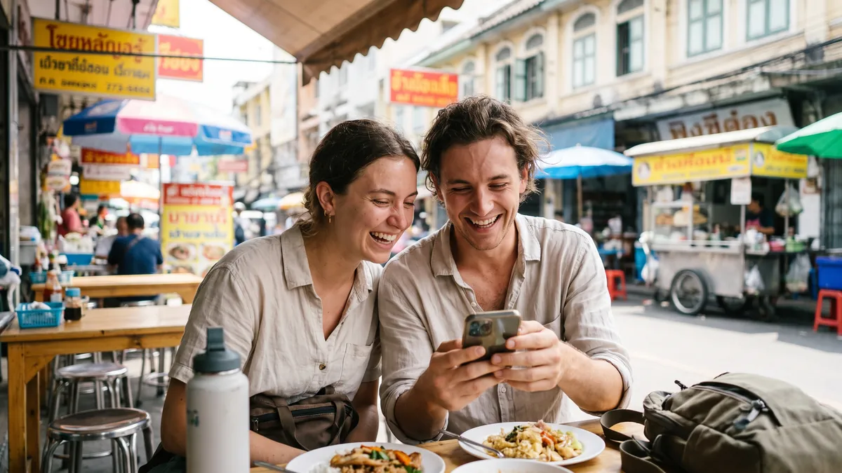 Two friends in their twenties in Bangkok look at one phone together at a bright street food stall, laughing, colourful signs blurred behind.