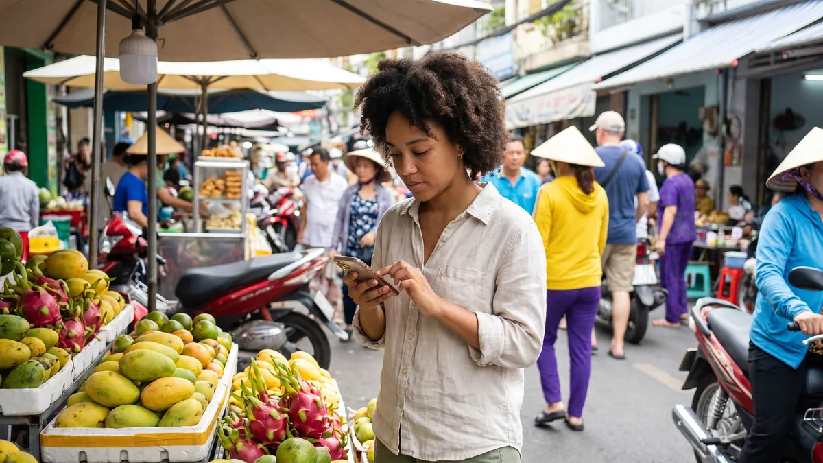 Split-moment candid scene of a busy bright street market in Ho Chi Minh City with a young woman answering a survey on her phone next to a fruit stall.