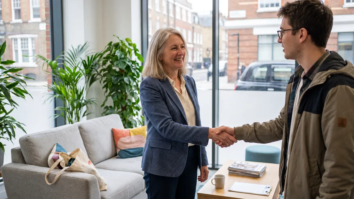 A moderator in her fifties in London welcomes a participant with a handshake in a bright research facility reception area, plants and a sofa behind them.