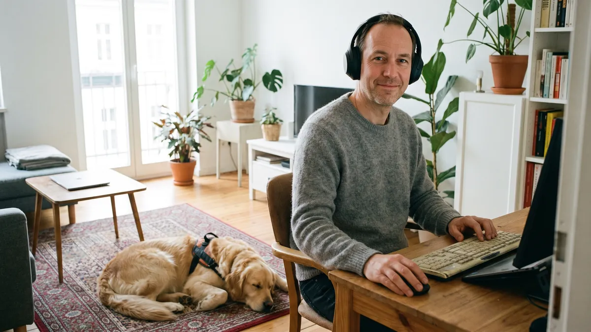 A man in his forties who is blind listens to his laptop through headphones at a bright home desk in Berlin, his fingers on the keyboard, a guide dog resting at his feet.