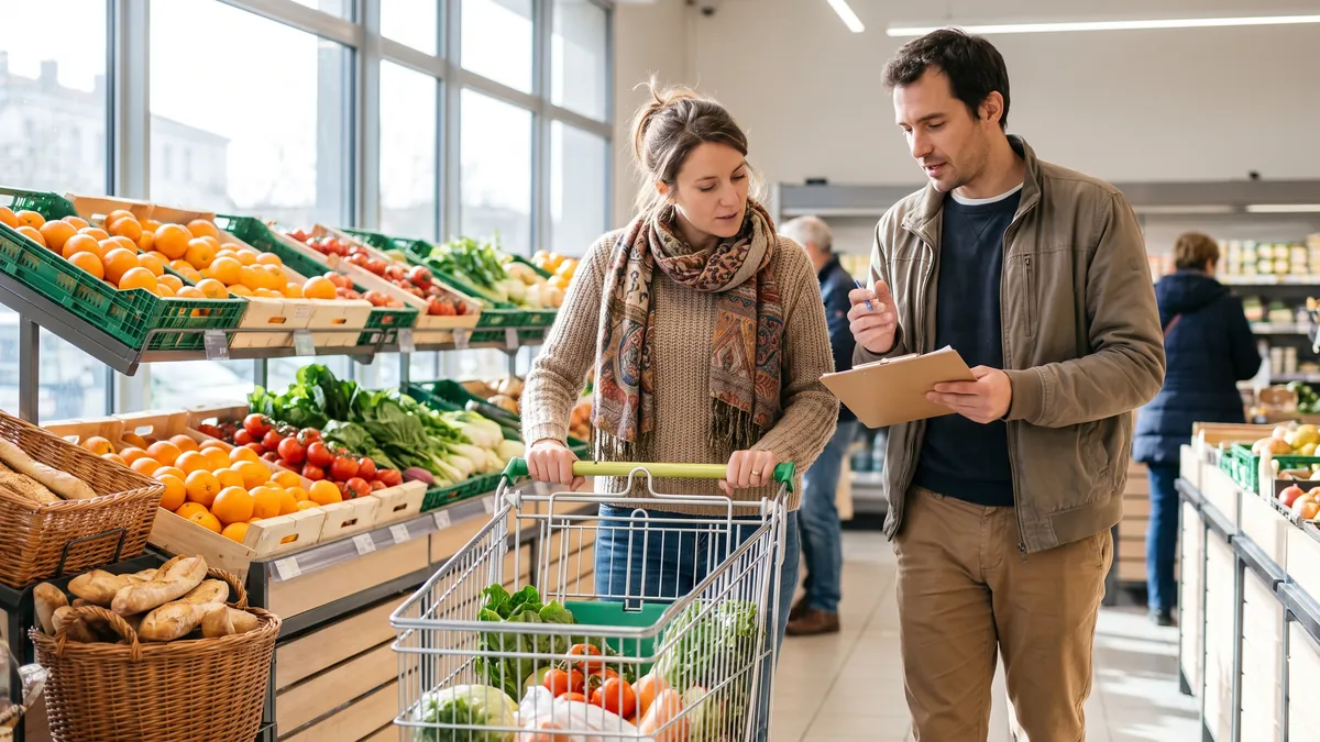 A researcher with a clipboard walks beside a woman in her thirties pushing a shopping trolley in a bright supermarket in Lyon, shelves of colourful produce.