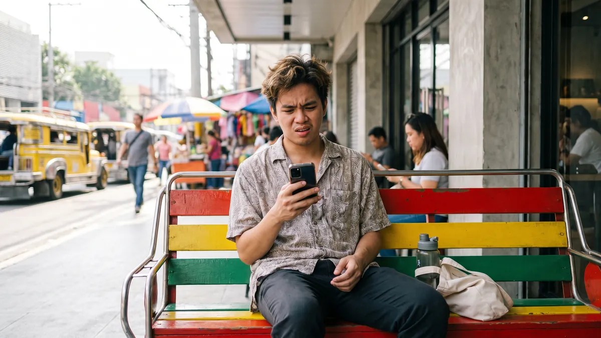 A young man in Manila scrolls his phone on a bright jeepney-coloured bench outside a cafe, looking sceptical, colourful street scene softly blurred.