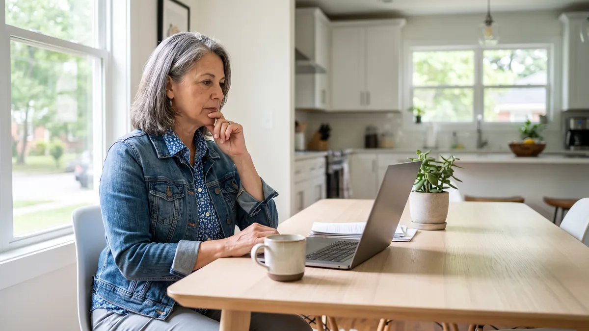 A woman in her fifties in Atlanta looks carefully at her laptop at a bright dining table, one hand raised to her chin, the screen angled away from the camera.