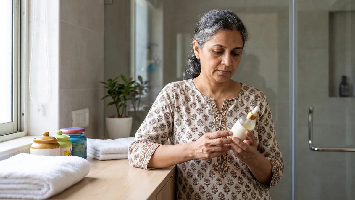 A woman in her forties in Pune reads the label of a plain unbranded skincare bottle at a bright bathroom counter with fresh towels.
