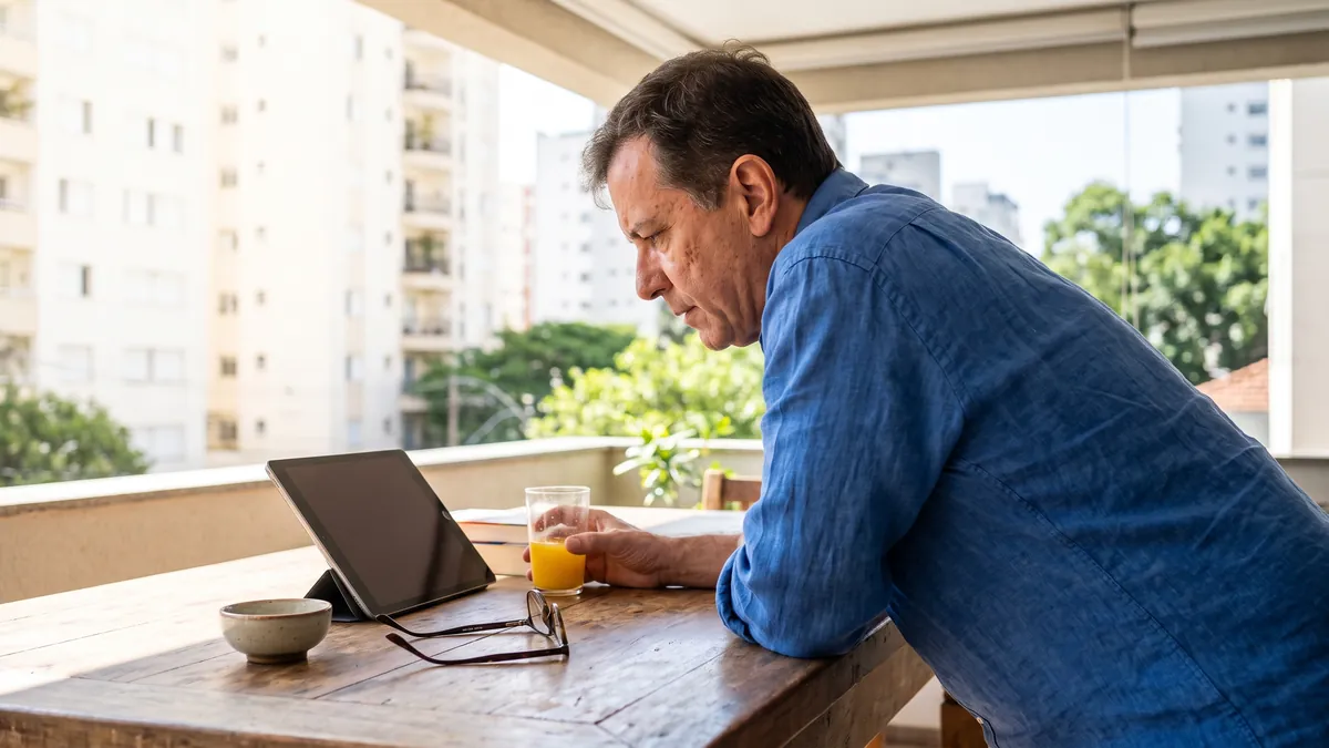 Close candid shot of a man in Sao Paulo reading carefully on a tablet propped on a wooden table, a glass of juice and a pair of glasses nearby, bright morning light.