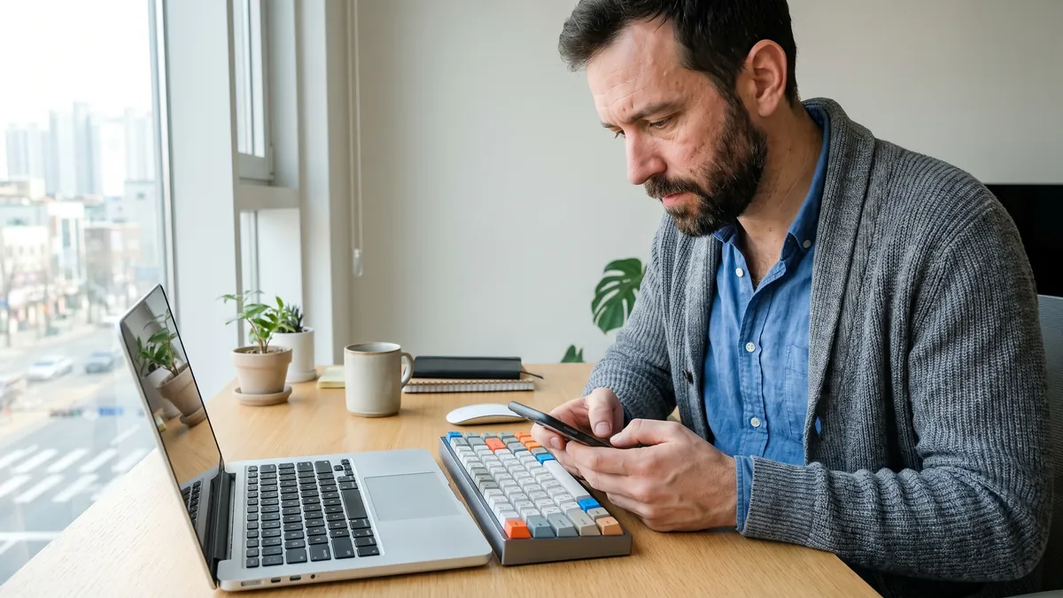 A man in his thirties in Seoul sets up an authenticator app on his phone at a bright desk with a laptop and a mechanical keyboard, screen not readable.