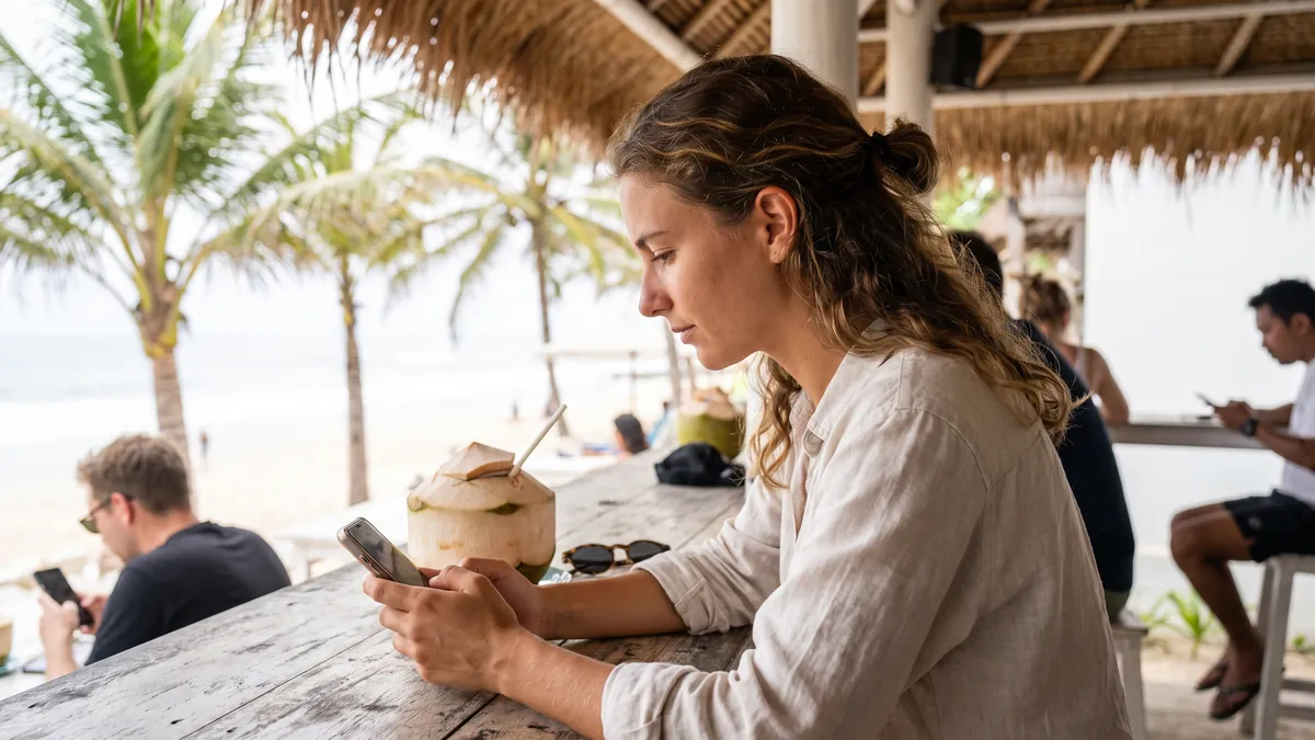 A young woman in Bali answers a survey on her phone at a bright beachside cafe, a coconut drink on the table and palm trees behind her.