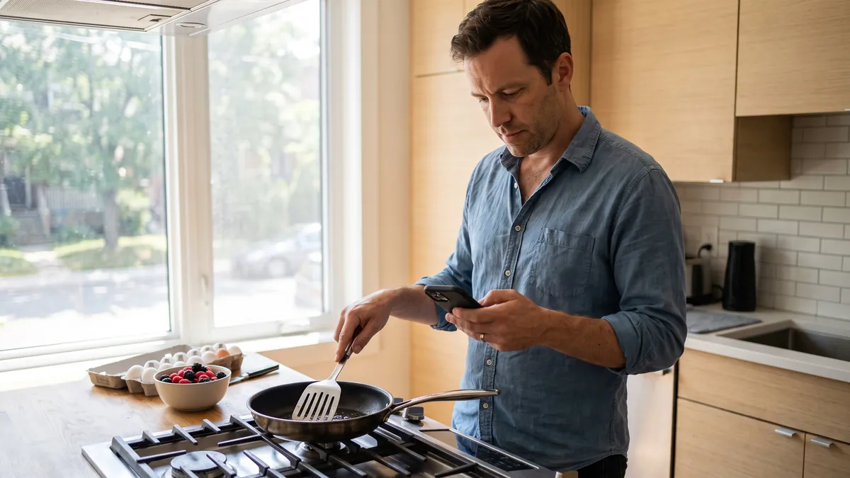 A man in his thirties in Toronto glances at a notification on his phone while making breakfast in a bright modern kitchen, a pan on the stove and fruit on the counter.