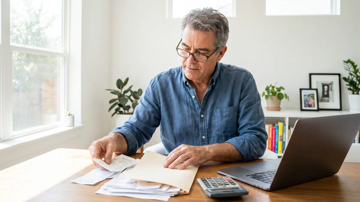 A man in his fifties in Houston sorts receipts into a folder at a bright home office desk, a calculator and a laptop beside him.