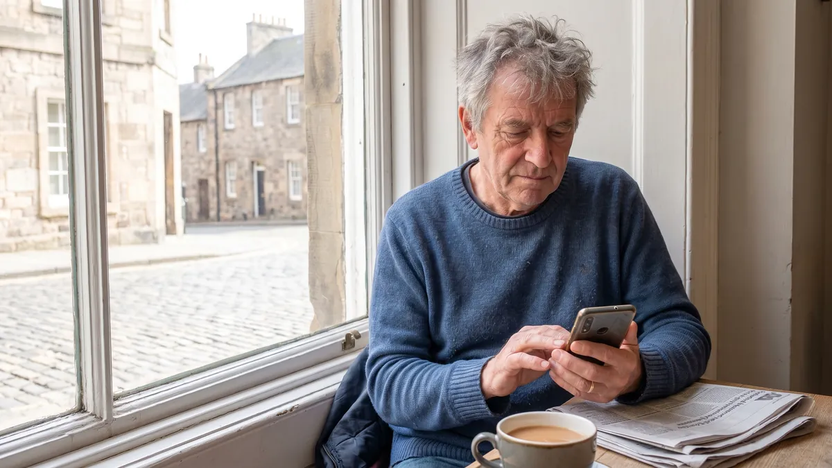 A man in his sixties in Edinburgh answers a survey on his phone at a bright window seat with a cup of tea and a newspaper folded beside him.