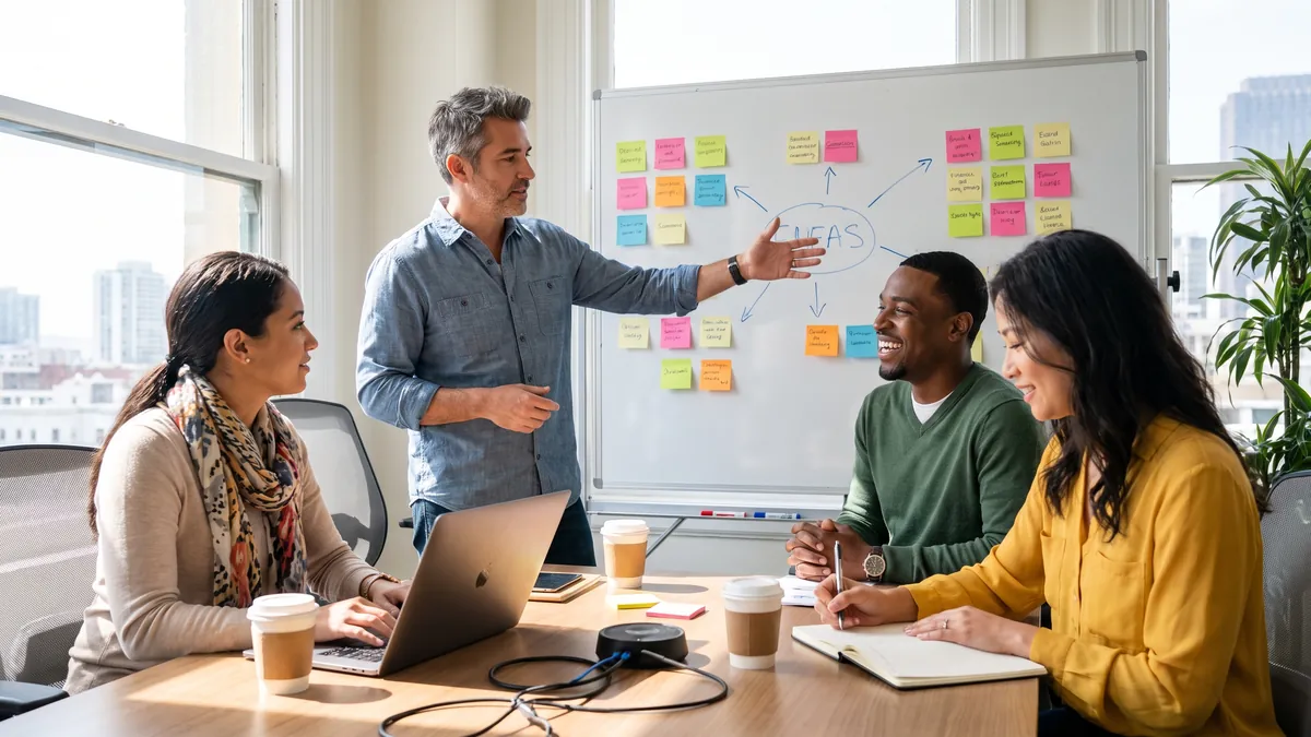 A man in his forties in San Francisco leads a discussion with three colleagues at a bright whiteboard covered in sticky notes, laptops on the table.