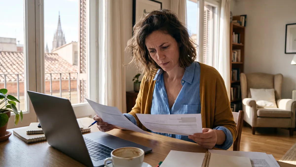 A translator in her thirties in Barcelona compares two printed documents at a bright desk with a laptop and a cup of coffee, a window with a view of rooftops.