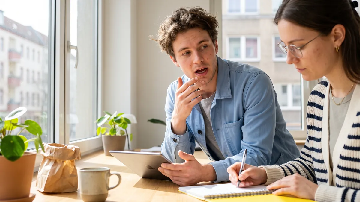 A man in his twenties in Berlin thinks aloud while using a tablet at a bright testing desk, a researcher beside him taking notes on paper, tablet screen out of view.