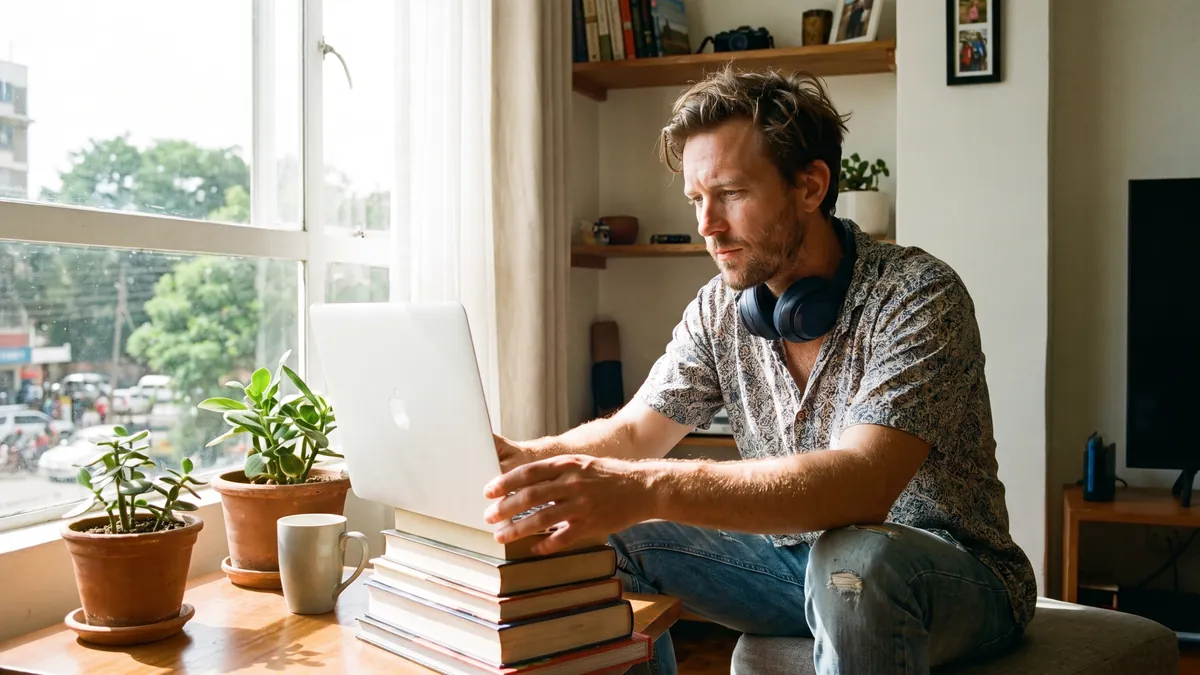 A man in his thirties in Nairobi sets up a laptop on a stack of books facing a bright window at home, adjusting the angle, headphones around his neck.