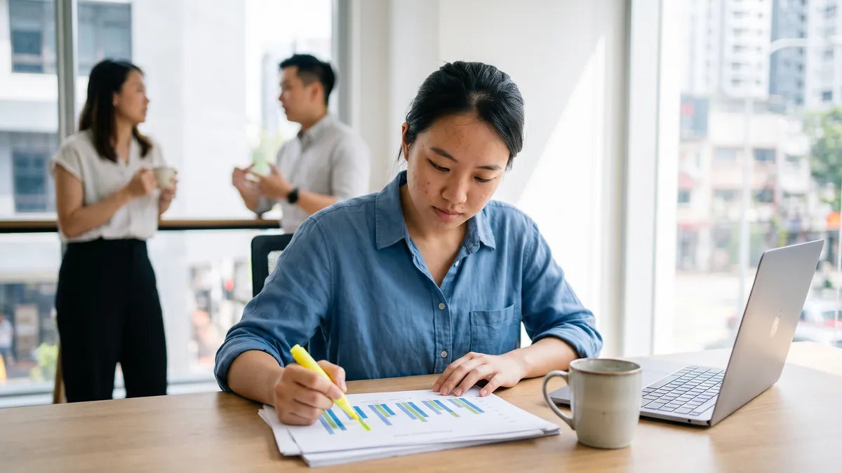 A young analyst in Singapore studies printed bar charts with a highlighter at a bright office table, laptop and coffee nearby, colleagues blurred in background.