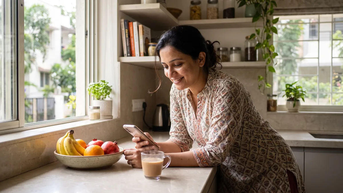 A woman in her thirties in Pune answers a short questionnaire on her phone at a bright kitchen counter, a bowl of fruit and a cup of chai beside her.