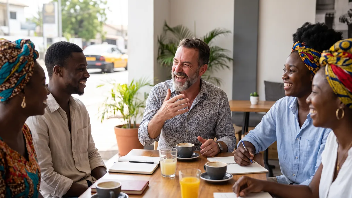 A man in his fifties in Accra shares a story with an animated expression in a bright group discussion, other participants smiling around the table.