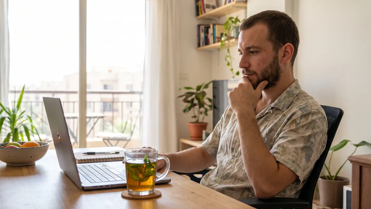 A man in his twenties in Cairo looks at his laptop at a bright home desk, pausing with a hand on his chin, a glass of mint tea beside him, screen not visible.