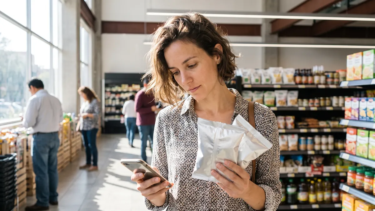 A woman in her thirties in Mexico City compares two unbranded snack packets in a bright supermarket aisle, holding her phone in the other hand.
