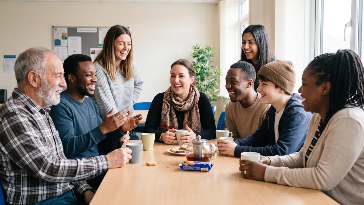 A group of eight people of varied ages, ethnicities and styles laugh together around a bright community centre table in Birmingham with tea and biscuits.
