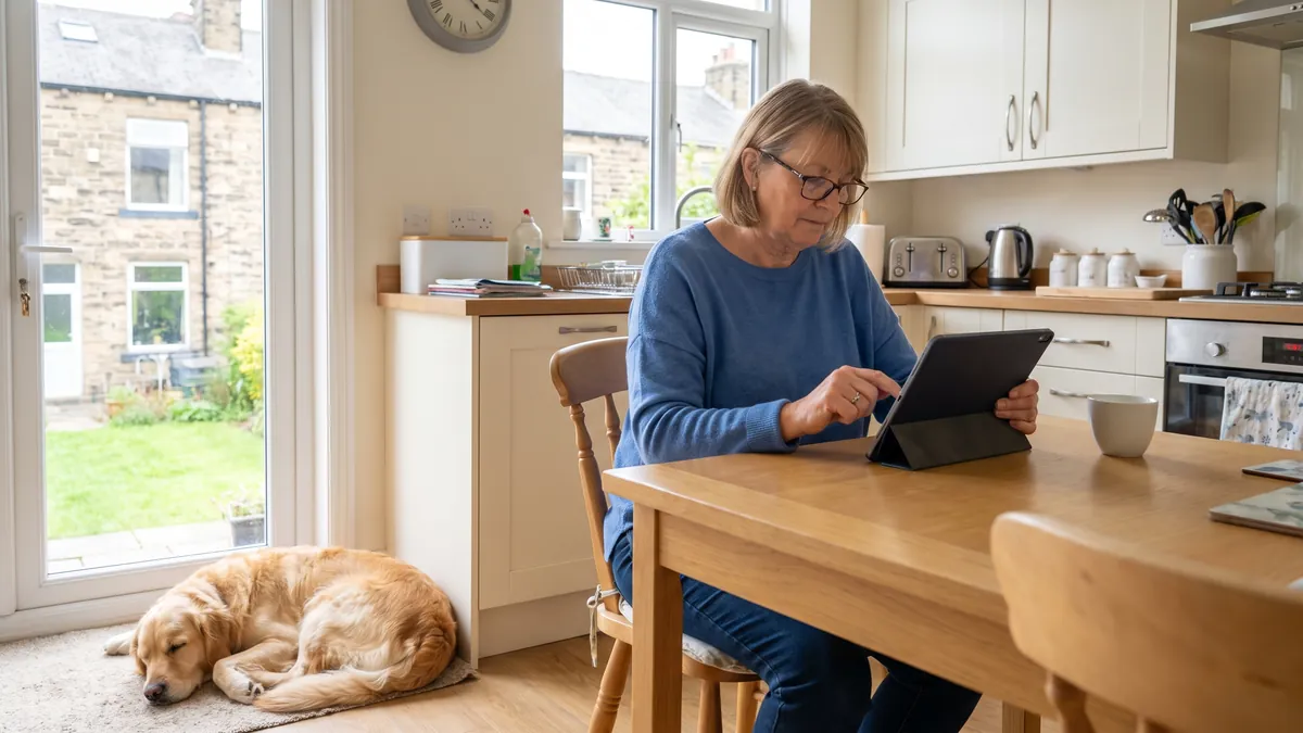 A woman in her fifties in Leeds fills in a survey on a tablet at a bright kitchen table, reading glasses on, a dog asleep on the floor nearby.