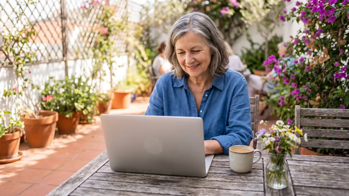 A woman in her sixties types on a laptop at a sunny garden table in Lisbon, a cup of coffee and a small vase of flowers beside her, screen angled away.