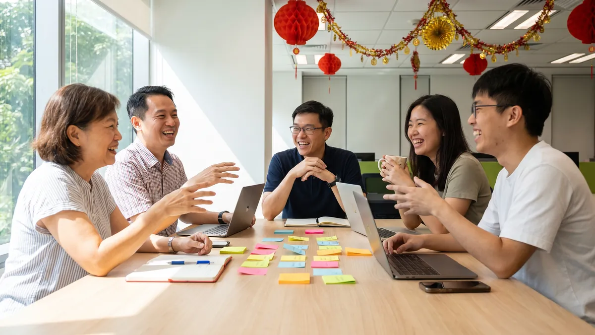 A team of five researchers of mixed ages gather around a bright office table with sticky notes and laptops, laughing, festive paper decorations in background in Singapore.