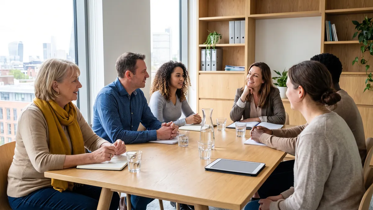 Five adults of different ages chat around a bright table in a modern research room in London, a moderator listening and smiling, water glasses on the table.