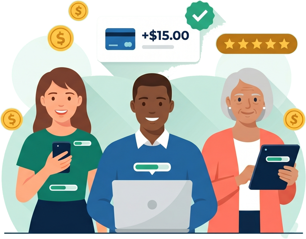 Diverse panel members taking paid online surveys on a phone, laptop, and tablet to earn rewards